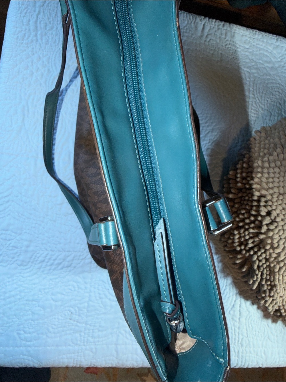 Michael Kors Brown Tote with Teal and White Center Stripe - Picture 10 of 13